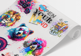 A rolled poster featuring colorful, artistic splashes with animal faces like a lion and bear, and the text "Open Your Mind" in bold letters. The design incorporates vibrant colors and abstract elements.