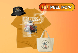 Promotional image featuring a mustard yellow T-shirt with floral graphic, a black bucket hat with "Heavens Stay" text, and a beige tote bag with palm tree design. Tagline says "Hot Peel Now" on a gradient orange background.