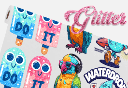 A vibrant image features colorful popsicles with "I DO IT" text, a glitzy parrot wearing headphones, and a smaller parrot on a skateboard. The word "Glitter" is styled in shiny pink letters, and "WATERPROOF" is partially visible at the bottom.