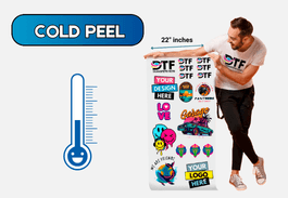 A person wearing a TTF t-shirt is holding a large sheet of colorful printed designs, including text and graphics. A thermometer and "Cold Peel" text suggest temperature settings. The sheet measures 22 inches wide.